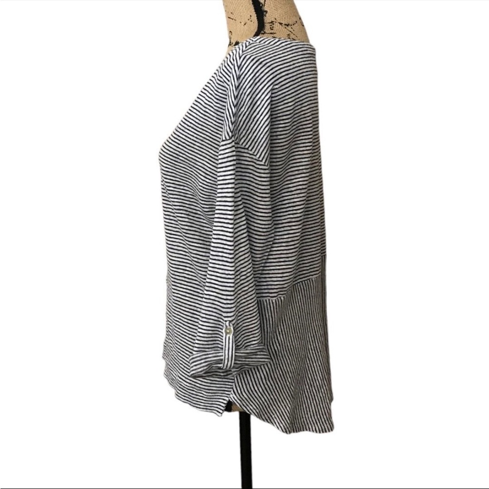 Adrienne Vittadini 100% Linen Striped Roll Tab Top Blue White Women’s M - Picture 5 of 7